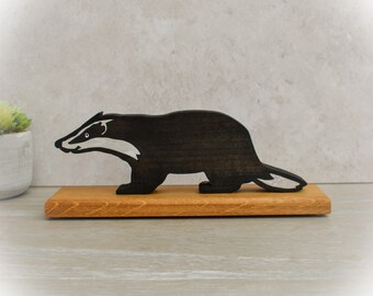 Handmade Wooden Badger Ornament – Black & White Scroll Saw Art on Hardwood Base