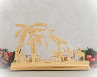 Wooden Nativity Tealight Holder – Scroll Saw Silhouette Scene
