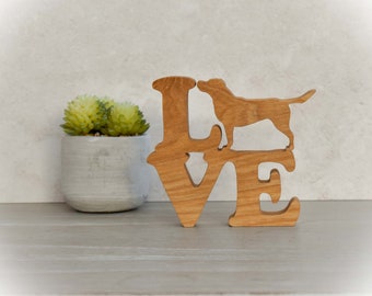 Oak LOVE Sign with Labrador Silhouette: Scroll saw cut wooden Dog Lover Gift