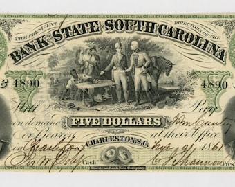 Civil War 1861 5 Dollar South Carolina Bank Note Money Currency