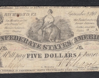 Billete de 5 dólares de los Estados Confederados de América de la Guerra Civil (CSA)