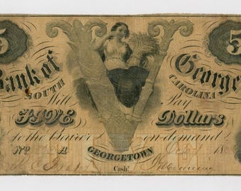 1856 5 Dollar South Carolina Note Currency Antique Money