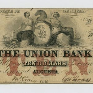 1854 Ten Dollar Georgia Bank Note Antique Currency Money