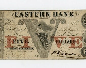 Jaren 1850 5 Dollar Connecticut Bankbiljet Antiek Valutageld