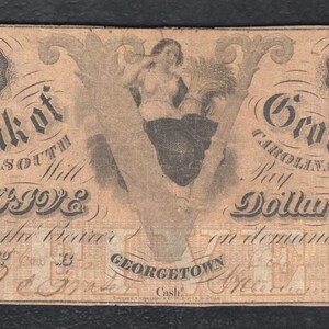 Pre Civil War 1856 5 Dollar South Carolina Bank Note Currency Money