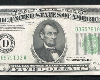 US 1934 5 Dollar Silver Certificate Vintage Currency Money Note w/ Abraham Lincoln