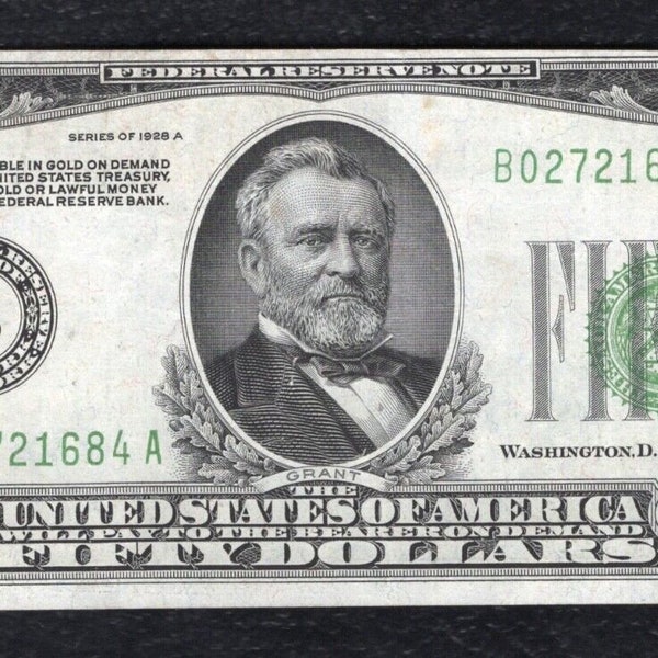 1928 US 50 Dollar Bill Federal Reserve Note Money Vintage Currency w/ Ulysses S. Grant