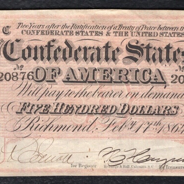 Civil War 500 Hundred Dollar Confederate States of America CSA Note Money Currency