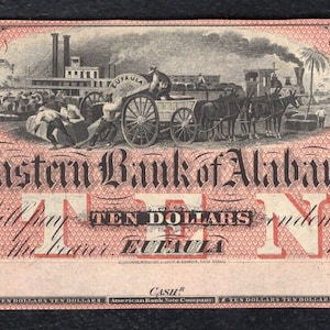 1800s Ten Dollar Alabama Bank Note Antique Money Currency