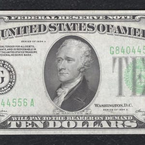 1934 US 10 Dollar Federal Reserve Note Vintage Currency w/ Alexander Hamilton