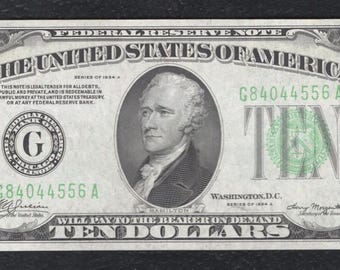 1934 US 10 Dollar Federal Reserve Note Vintage Currency w/ Alexander Hamilton