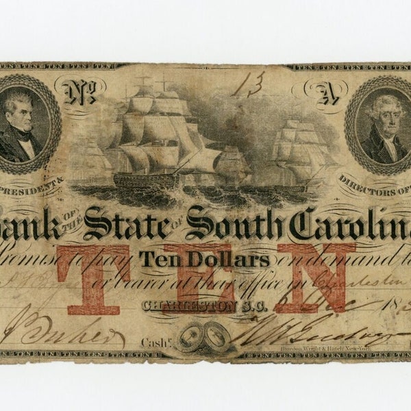 1850s 10 Dollar South Carolina Bank Note Money Antique Currency