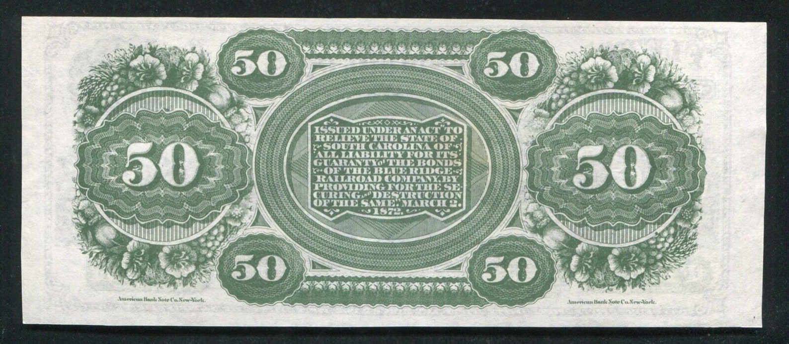 Antique 1872 50 Dollar South Carolina Revenue Bond Scrip Note Money