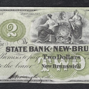 1800s Two Dollar New Jersey Bank Note Bill Antique Currency Money image 1