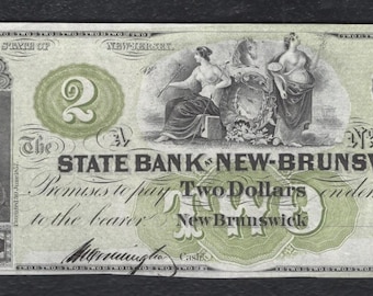 1800s Two Dollar New Jersey Bank Note Bill Antique Currency Money