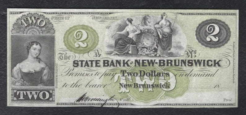 1800s Two Dollar New Jersey Bank Note Bill Antique Currency Money image 1