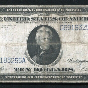 1914 US 10 Dollar Federal Reserve Currency Note Money w/ Andrew Jackson