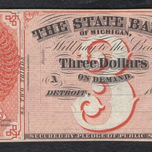 1800s 3 Dollar Michigan Bank Note Antique Currency Money