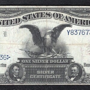 1899 US One Dollar Bill Silver Certificate Antique Money Note Currency image 1