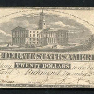 Civil War 1862 CSA Confederate States of America 20 Bill Antique Note Money Currency image 1