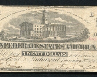 Civil War 1862 CSA Confederate States of America 20 Bill Antique Note Money Currency