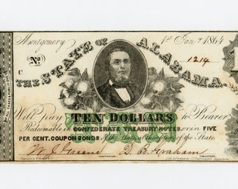 Burgeroorlog tijdperk 10 Dollar Alabama bankbiljetgeldvaluta