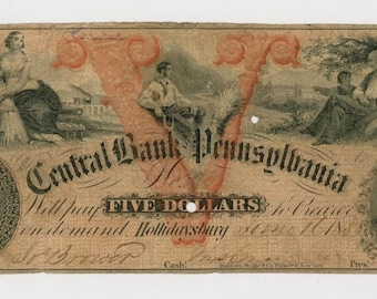 1858年ペンシルベニア銀行券（5ドル紙幣） - Etsy 日本