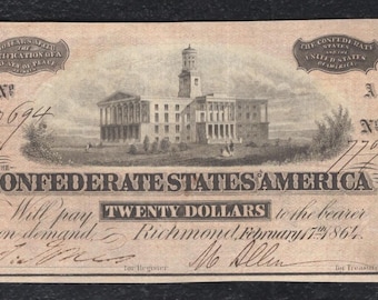 Billete de 20 dólares de la Guerra Civil de los Estados Confederados de América (CSA), antiguo billete de 20 dólares, moneda
