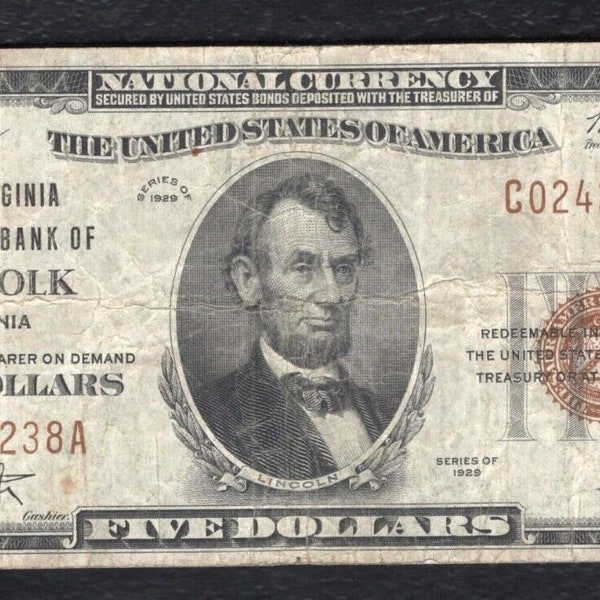 1929 Five Dollar Virginia National Bank Currency Note Money w/ Lincoln