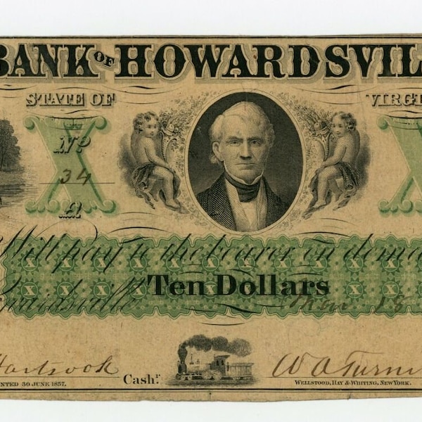 Civil War Era 10 Dollar Virginia Bank Note Antique Currency Money