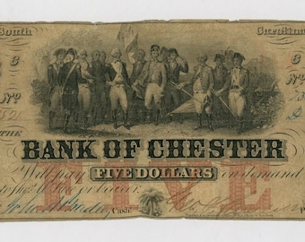 1850s-60s 5 Dollar South Carolina Bank Note Currency Money