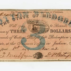 Civil War 3 Dollar Mississippi Note Antique Money Currency
