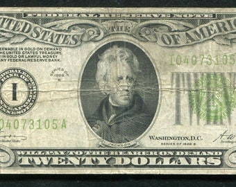 1928 20 Dollar US Federal Reserve Note Bill Currency w/ Andrew Jackson
