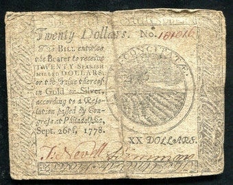 Tijdperk van de Amerikaanse Revolutionaire Oorlog 1778 20 dollar continentaal bankbiljetgeld