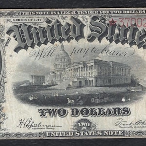 1917 US 2 Dollar Bill Note Money Currency w/ Thomas Jefferson