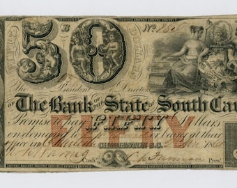 Civil War Era 1860 Fifty Dollar South Carolina Bank Note Money Currency
