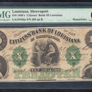 Civil War Era Ten Dollar Louisiana Bank Note Money Currency