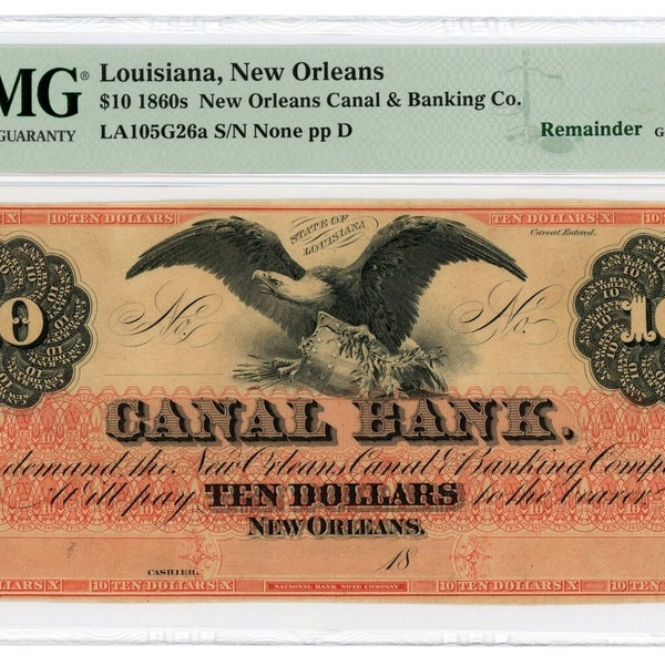 1860s 10 Dollar New Orleans, Louisiana Bank Note Currency Money Graded