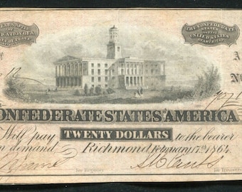 1864 Civil War CSA Confederate States of America 20 Bill Antique Note Money Currency