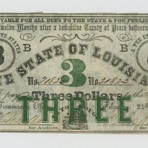 Civil War 3 Dollar Louisiana Note Currency Money