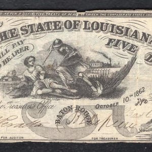 US Civil War Five Dollar Louisiana Note Currency Money