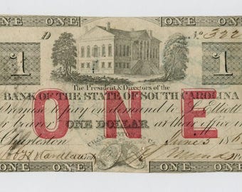 Civil War 1 Dollar South Carolina Bank Note Currency