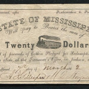 Civil War 20 Dollar Mississippi Note Money Currency