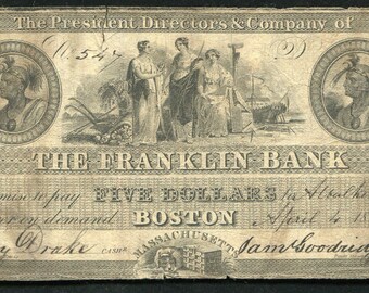 Jaren 1830 5 dollar Boston Massachusetts bankbiljet valuta
