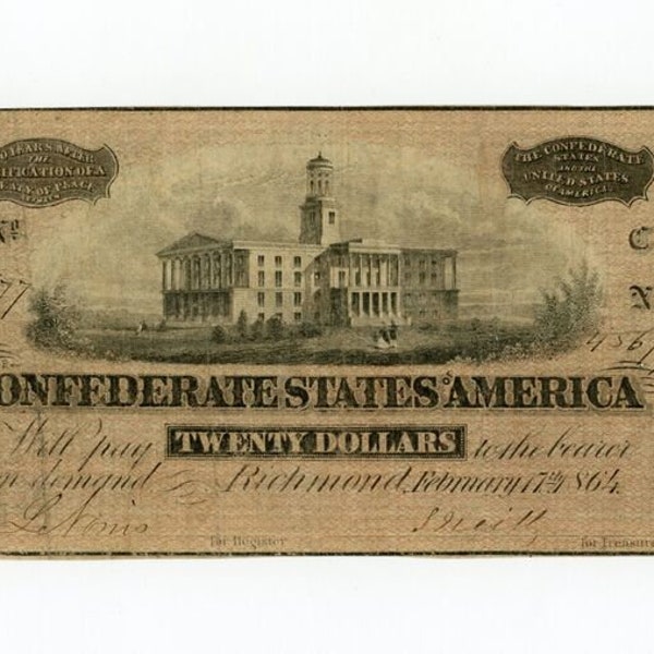 Civil War 1862 CSA Confederate States of America 20 Bill Antique Note Money Currency