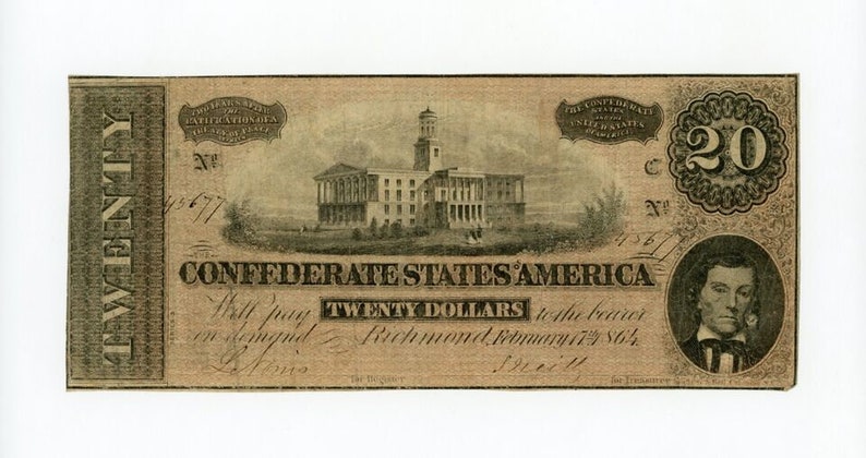 Civil War 1862 CSA Confederate States of America 20 Bill Antique Note Money Currency zdjęcie 1