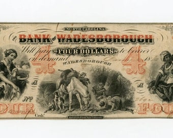 Epoque guerre civile 1860 Billet de banque de 4 dollars de la Caroline du Nord, monnaie ancienne