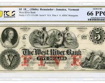 1850s-60s 5 Dollar Vermont Bank Note Money Currency Graded