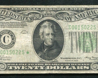 1934 Amerikaanse 20 dollar Federal Reserve bankbiljetgeldvaluta Andrew Jackson