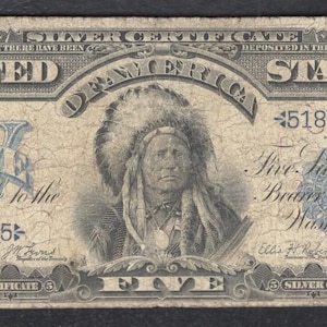 1899 US Fünf Dollar Native American Chief Silber Zertifikat Geldschein Währung